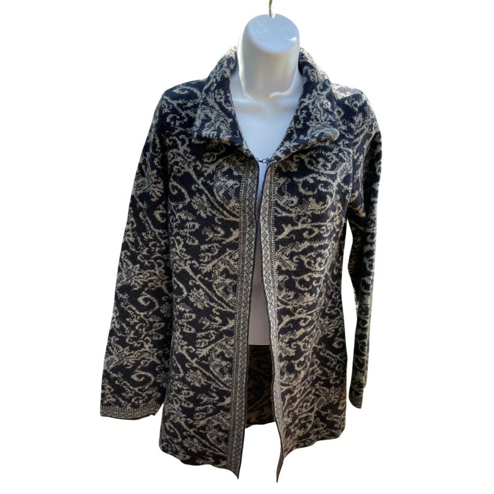 Cardigan Sweater Jacket Made In Italy Wool Blend Navy & Gray Patterned Knit